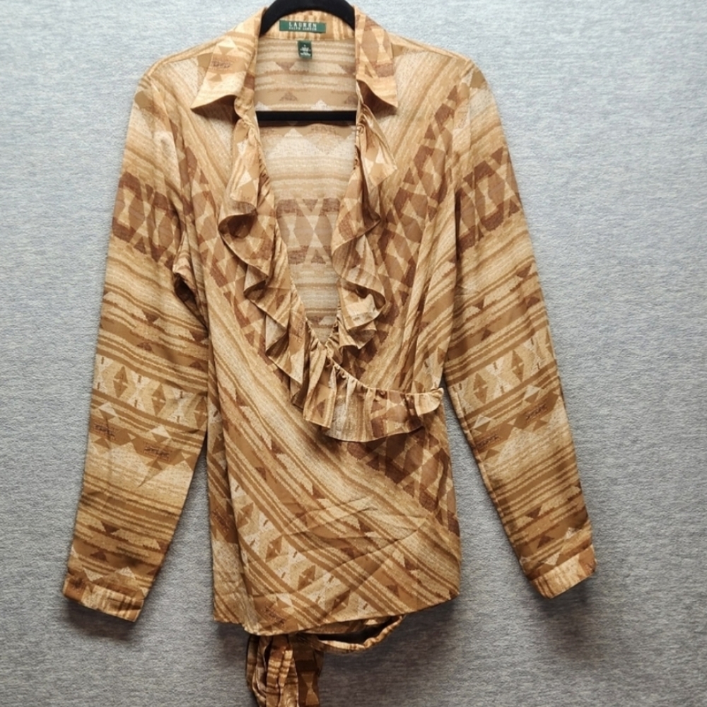 LRL Wrap Sheer Tunic Ruffle Southwest BohobLong Sleeve